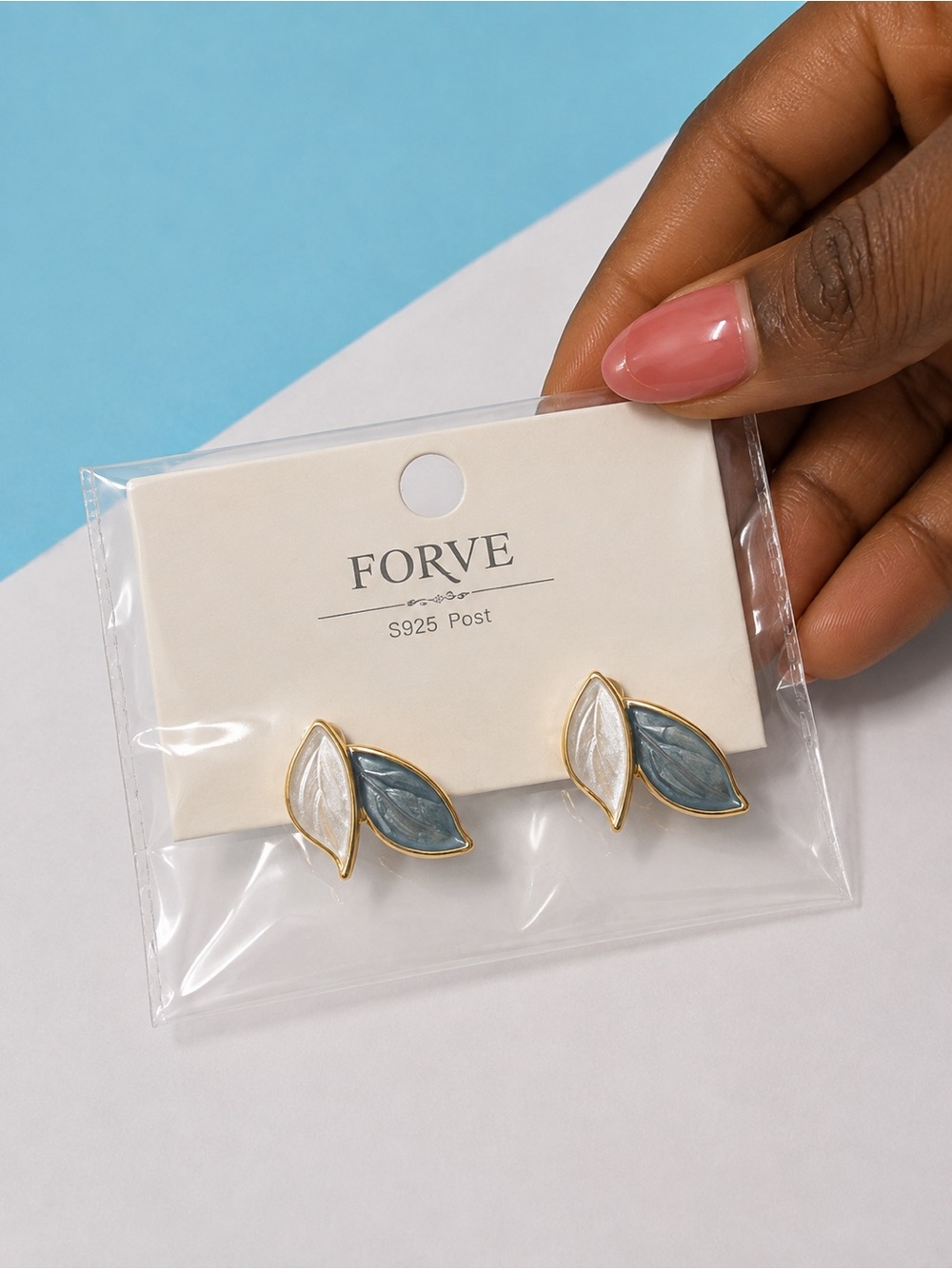 Gold Leaf Stud Earrings in Blue and White